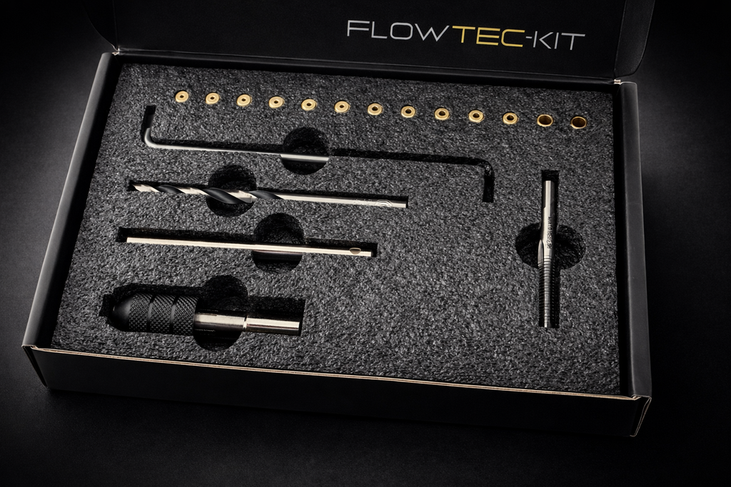 Inhalt des Airvolution FlowTec-Kits: 16-teiliges Tuning-Set mit Werkzeug und Präzisionsteilen für GAMO Luftgewehre