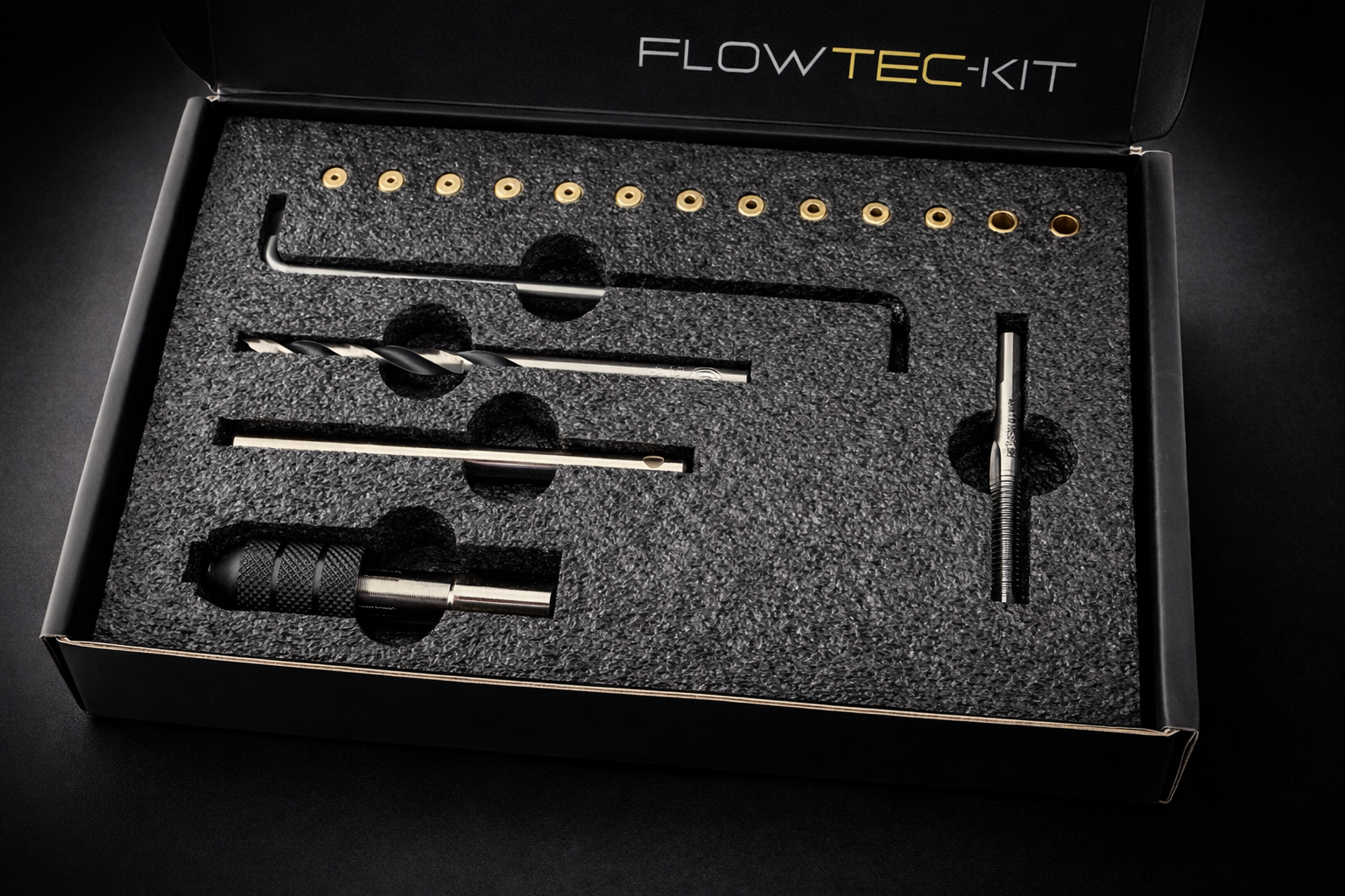 Inhalt des Airvolution FlowTec-Kits: 16-teiliges Tuning-Set mit Werkzeug und Präzisionsteilen für GAMO Luftgewehre
